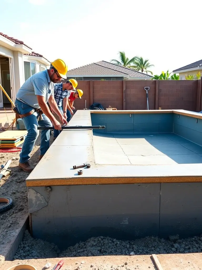 An image of TRAP's construction team meticulously working on a pool project, showcasing their expertise and attention to detail, with a focus on quality craftsmanship.