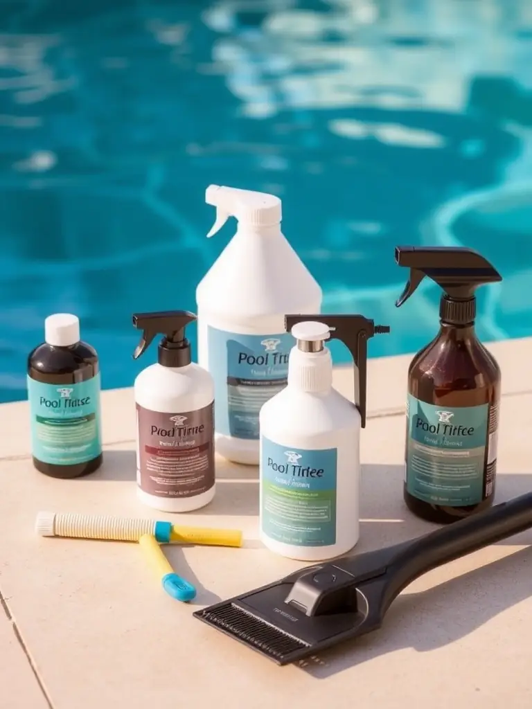 A close-up shot of TRAP's pool maintenance products neatly arranged, highlighting their effectiveness in keeping pools clean and healthy, with a focus on ease of use.
