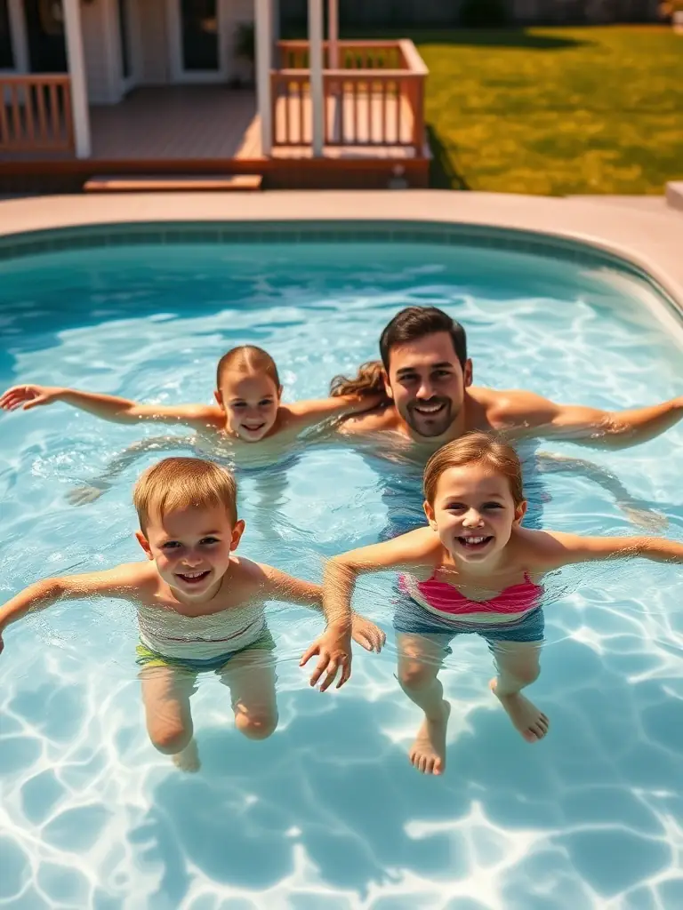 A high-resolution photo showcasing a crystal-clear, traditionally constructed pool by TRAP, with a family enjoying themselves in the water, emphasizing the joy and relaxation it brings.