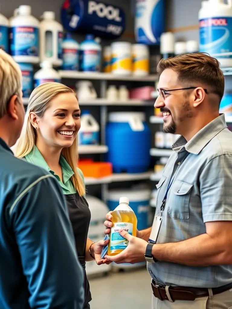 A photo of a TRAP representative providing excellent customer service, assisting a customer with their pool maintenance needs, emphasizing the company's commitment to customer satisfaction.