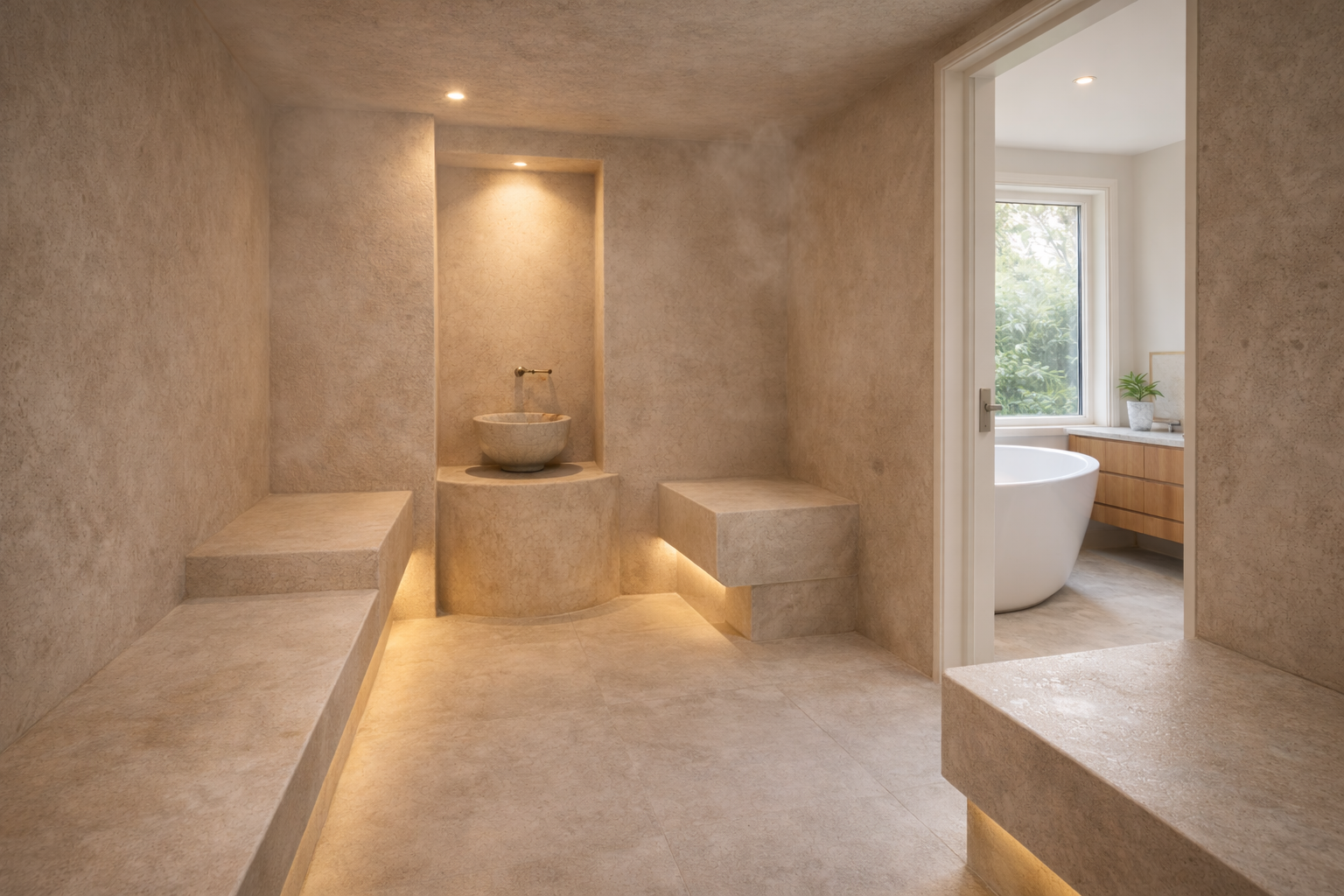 Hammam résidentiel à domicile avec bancs en pierre claire et vapeur subtile