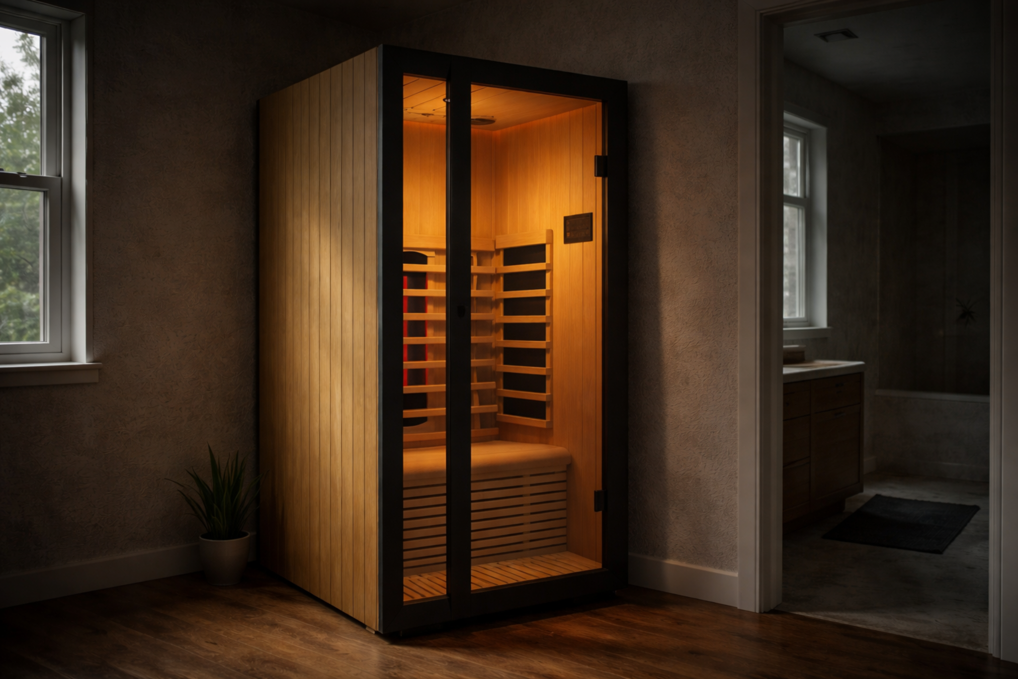 Sauna infrarouge installée dans une pièce résidentielle avec éclairage doux et ambiance chaleureuse