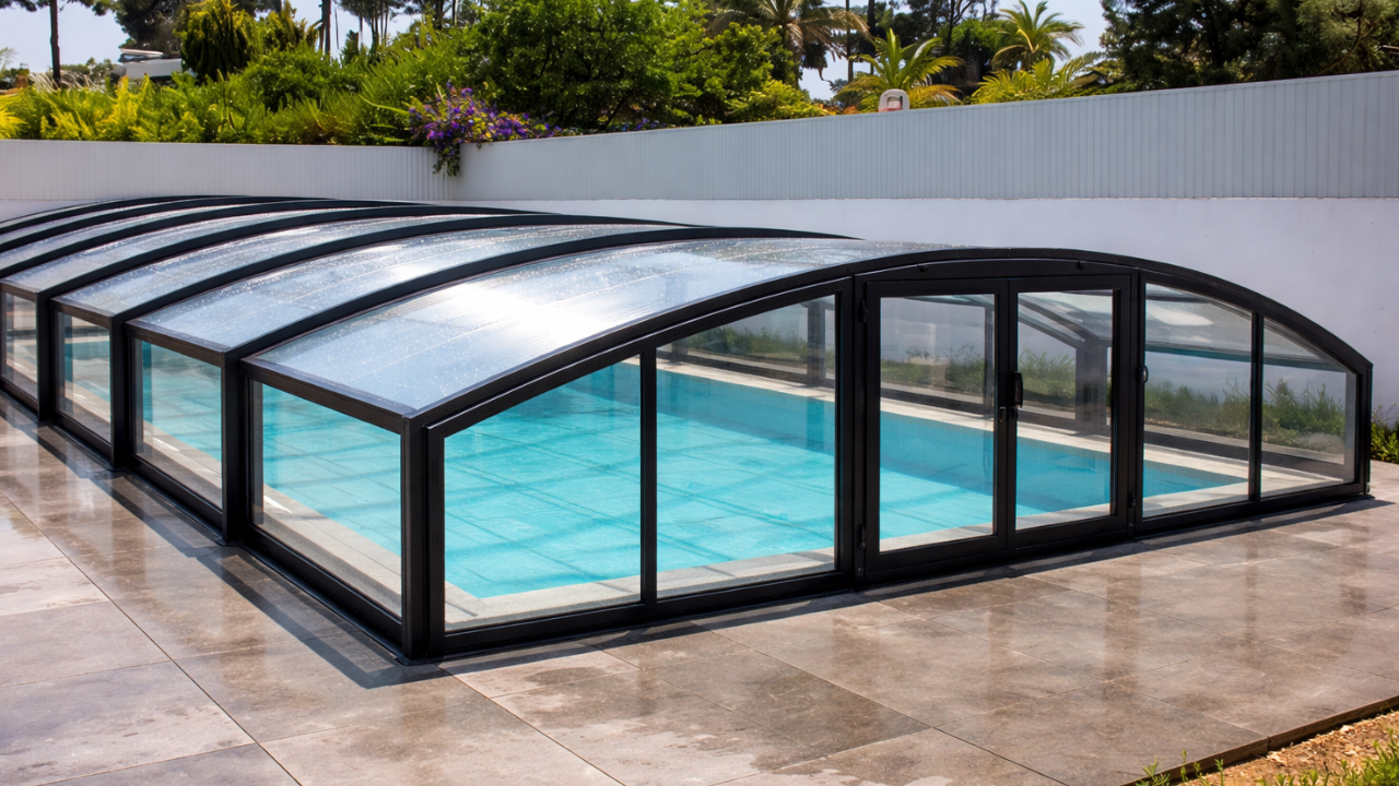 Cobertura de piscina automática integrada, vista lateral com a piscina parcialmente descoberta